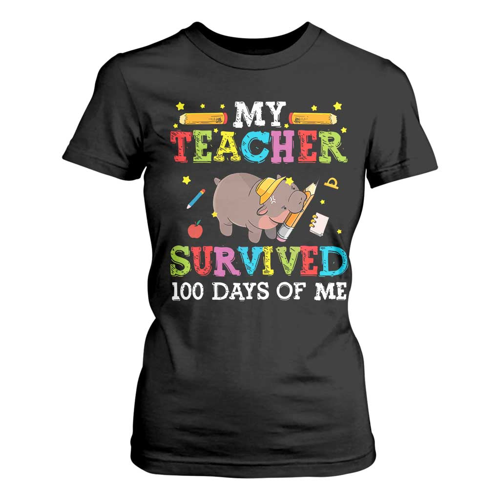 Funny Moo Deng 100th Day Of School T Shirt For Women My Teacher Survived 100 Days Of Me TS09 Black Print Your Wear