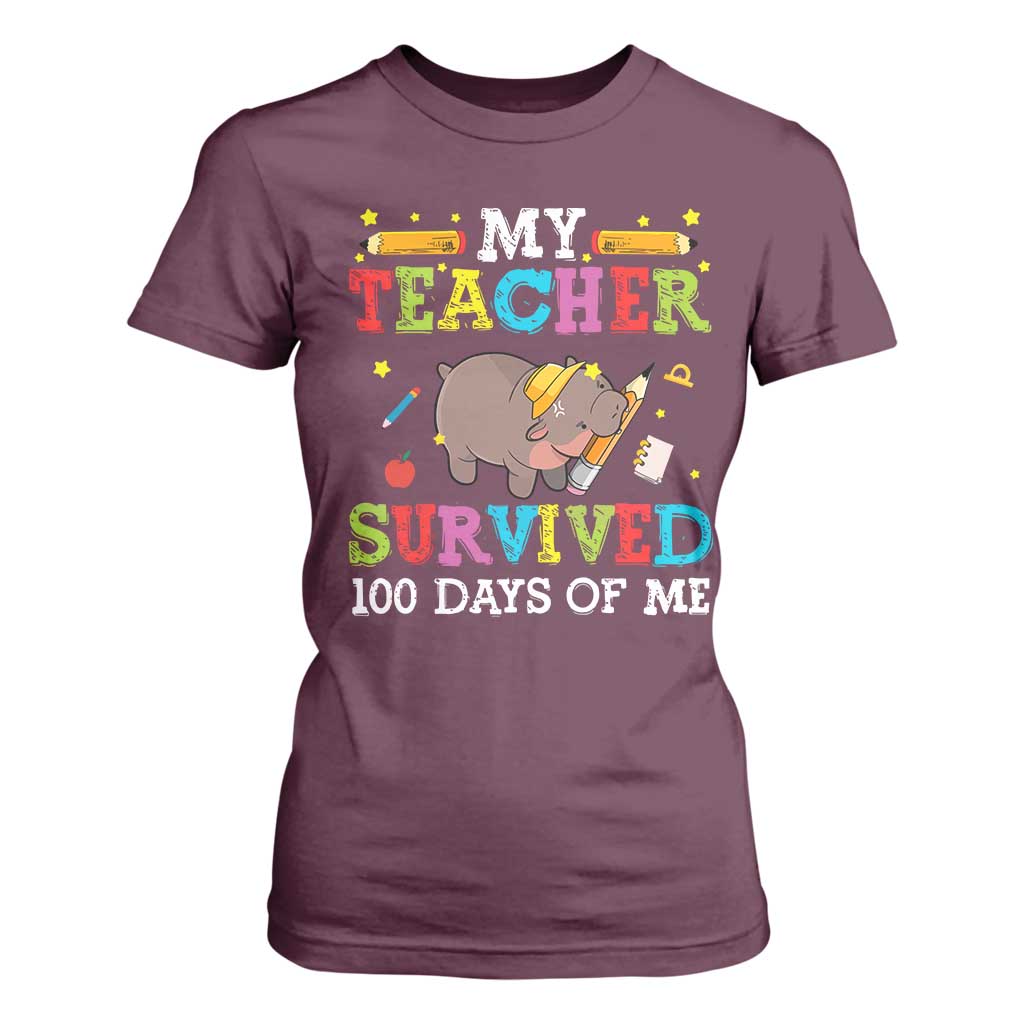 Funny Moo Deng 100th Day Of School T Shirt For Women My Teacher Survived 100 Days Of Me TS09 Maroon Print Your Wear