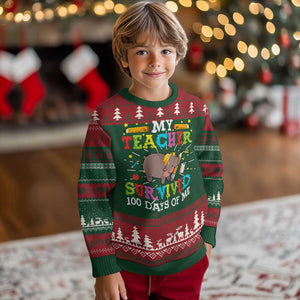 Funny Moo Deng 100th Day Of School Ugly Christmas Sweater My Teacher Survived 100 Days Of Me TS09 Christmas Print Your Wear