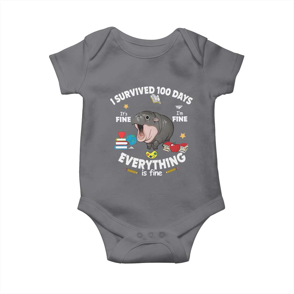 Funny Moo Deng 100th Day Of School Baby Onesie I Survived 100 Days Everything Is Fine TS09 Charcoal Print Your Wear
