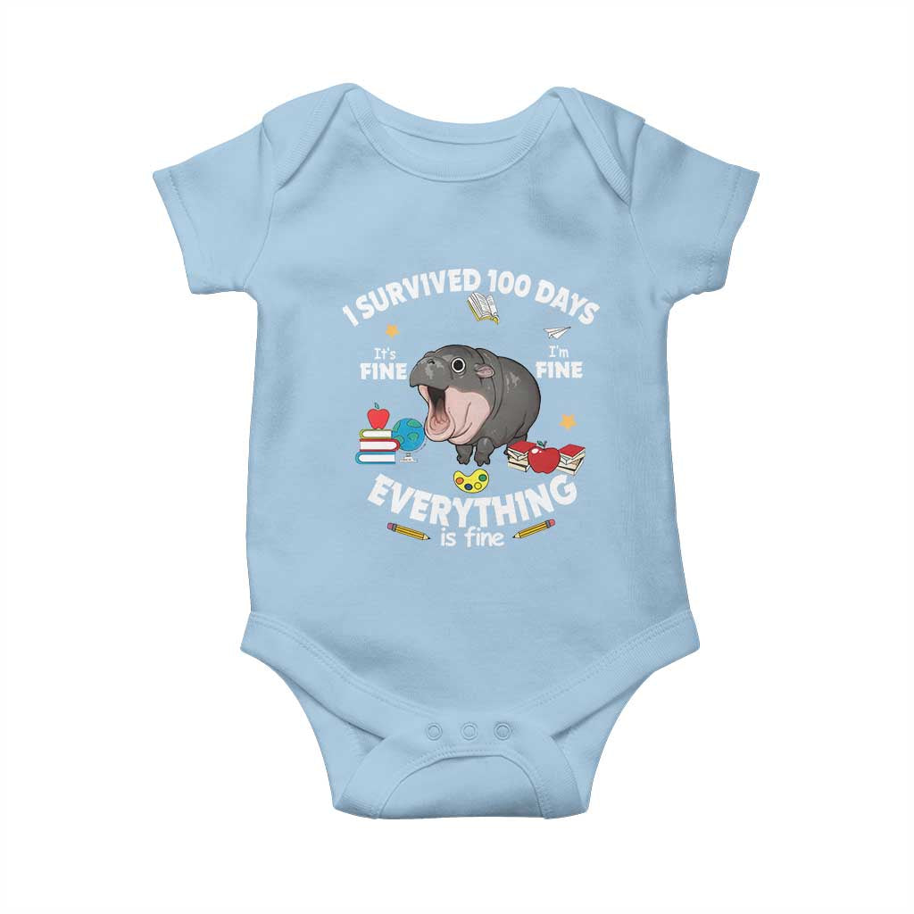 Funny Moo Deng 100th Day Of School Baby Onesie I Survived 100 Days Everything Is Fine TS09 Light Blue Print Your Wear