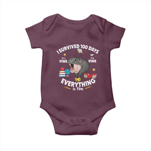 Funny Moo Deng 100th Day Of School Baby Onesie I Survived 100 Days Everything Is Fine TS09 Maroon Print Your Wear