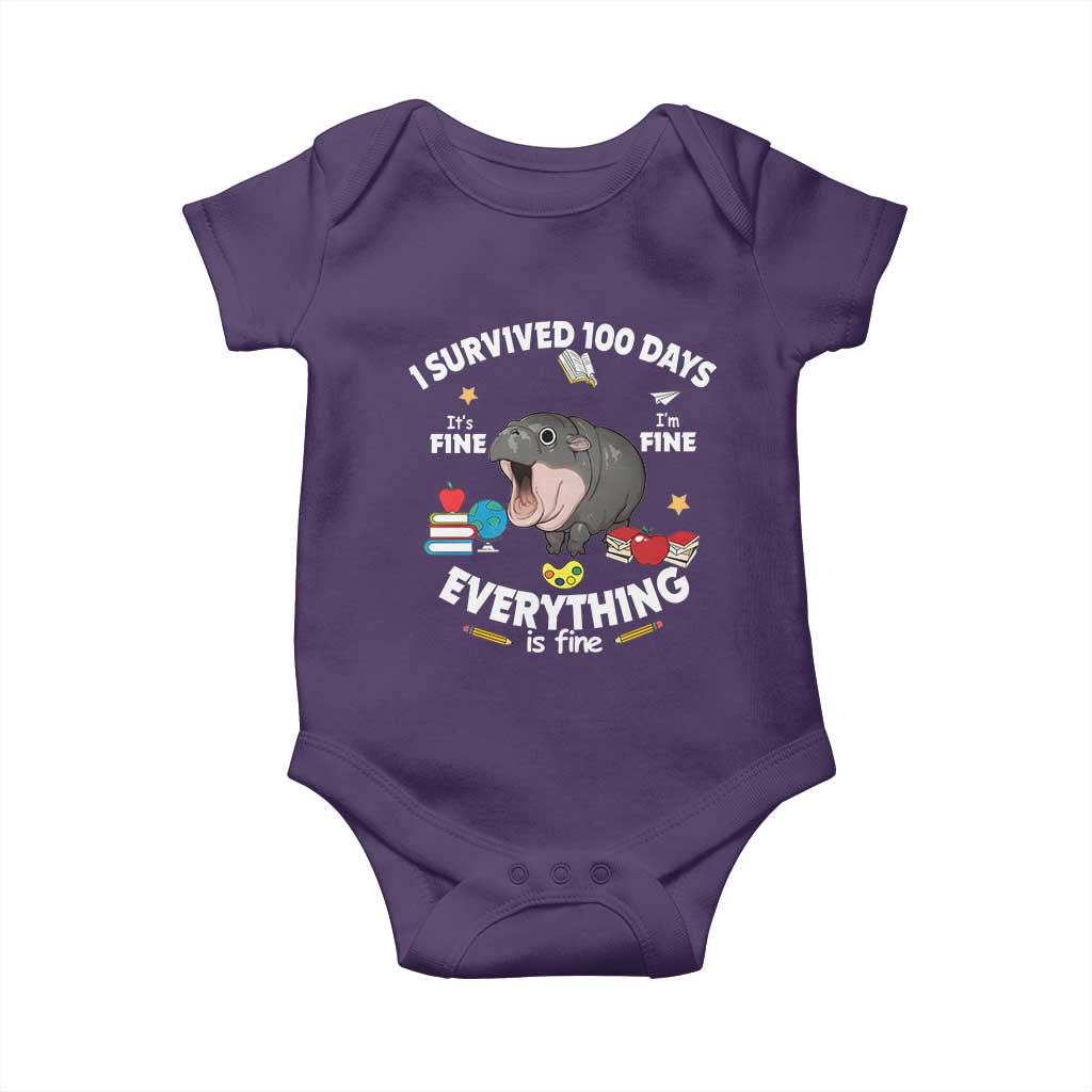 Funny Moo Deng 100th Day Of School Baby Onesie I Survived 100 Days Everything Is Fine TS09 Purple Print Your Wear