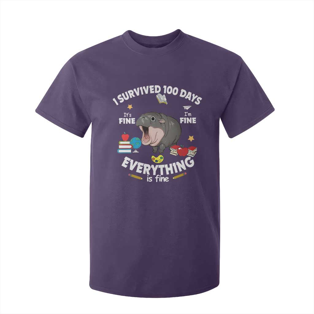 Funny Moo Deng 100th Day Of School T Shirt For Kid I Survived 100 Days Everything Is Fine TS09 Purple Print Your Wear
