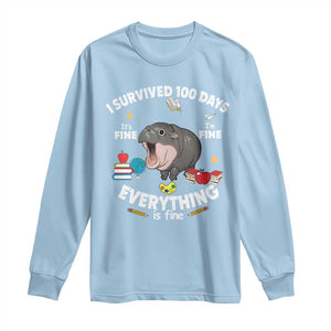 Funny Moo Deng 100th Day Of School Long Sleeve Shirt I Survived 100 Days Everything Is Fine TS09 Light Blue Print Your Wear