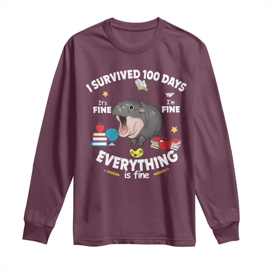 Funny Moo Deng 100th Day Of School Long Sleeve Shirt I Survived 100 Days Everything Is Fine TS09 Maroon Print Your Wear