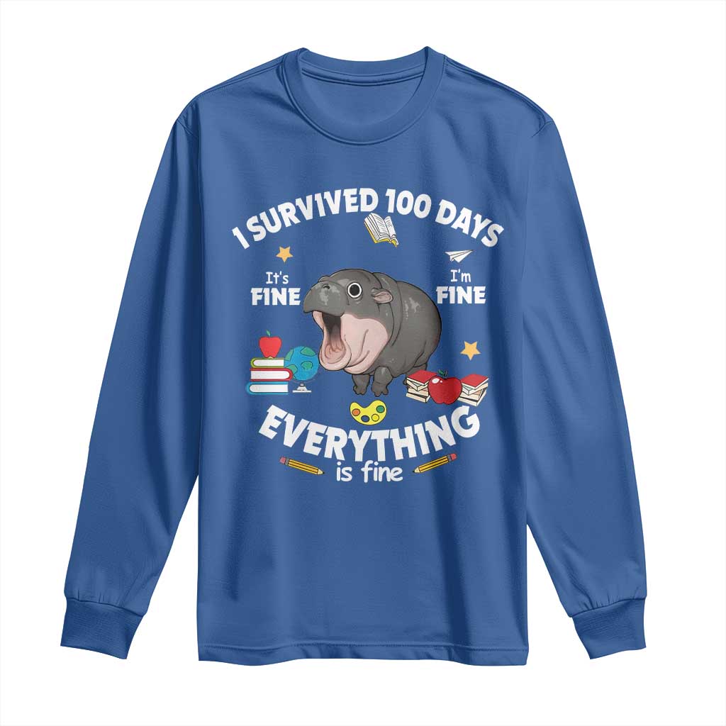 Funny Moo Deng 100th Day Of School Long Sleeve Shirt I Survived 100 Days Everything Is Fine TS09 Royal Blue Print Your Wear