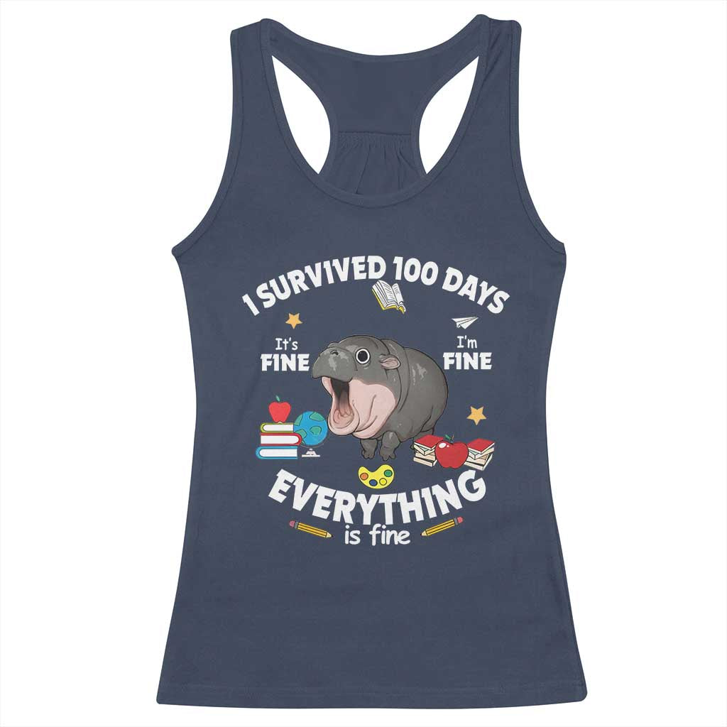 Funny Moo Deng 100th Day Of School Racerback Tank Top I Survived 100 Days Everything Is Fine TS09 Navy Print Your Wear