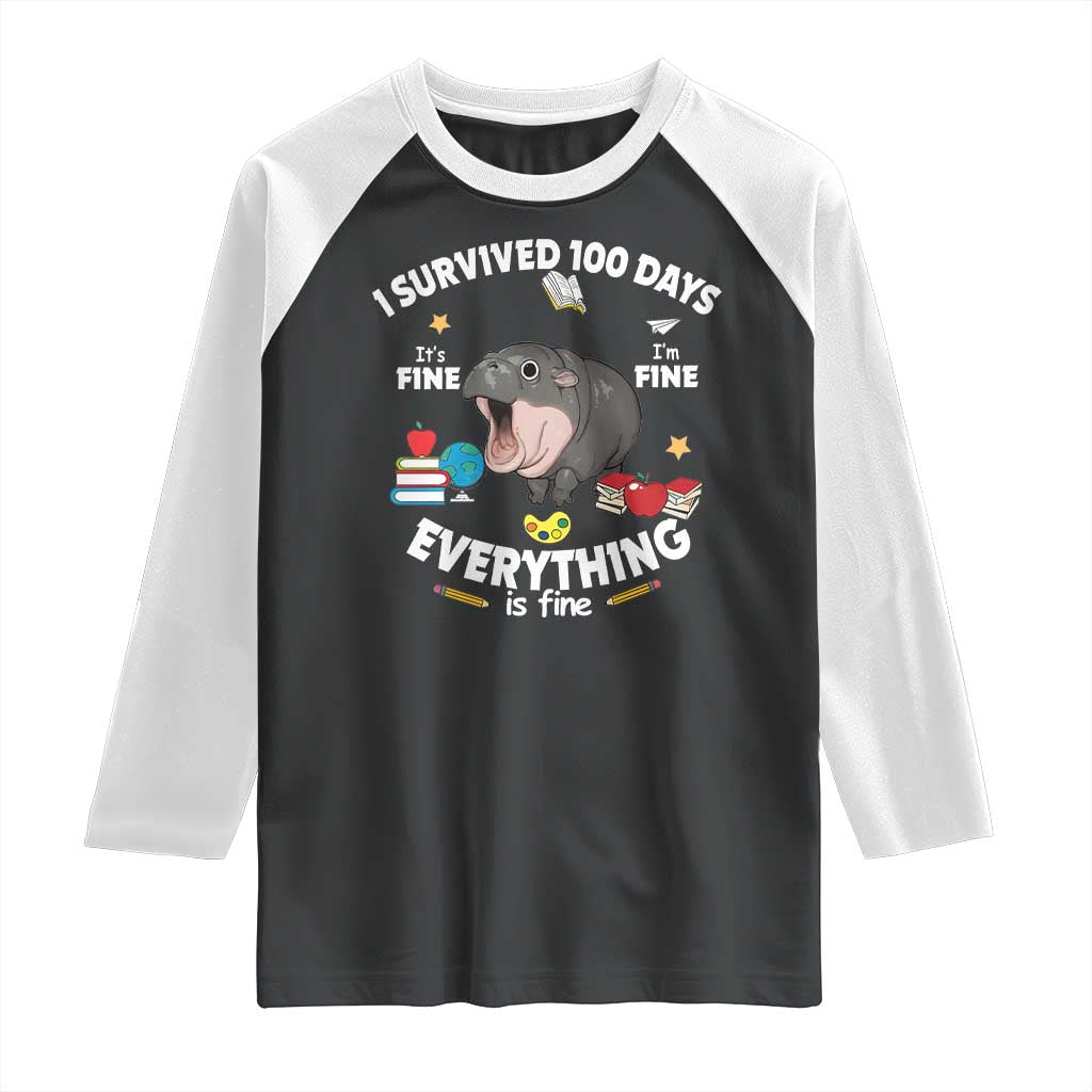 Funny Moo Deng 100th Day Of School Raglan Shirt I Survived 100 Days Everything Is Fine TS09 Black White Print Your Wear
