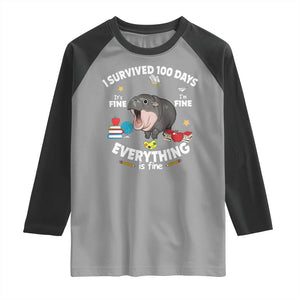 Funny Moo Deng 100th Day Of School Raglan Shirt I Survived 100 Days Everything Is Fine TS09 Sport Gray Black Print Your Wear