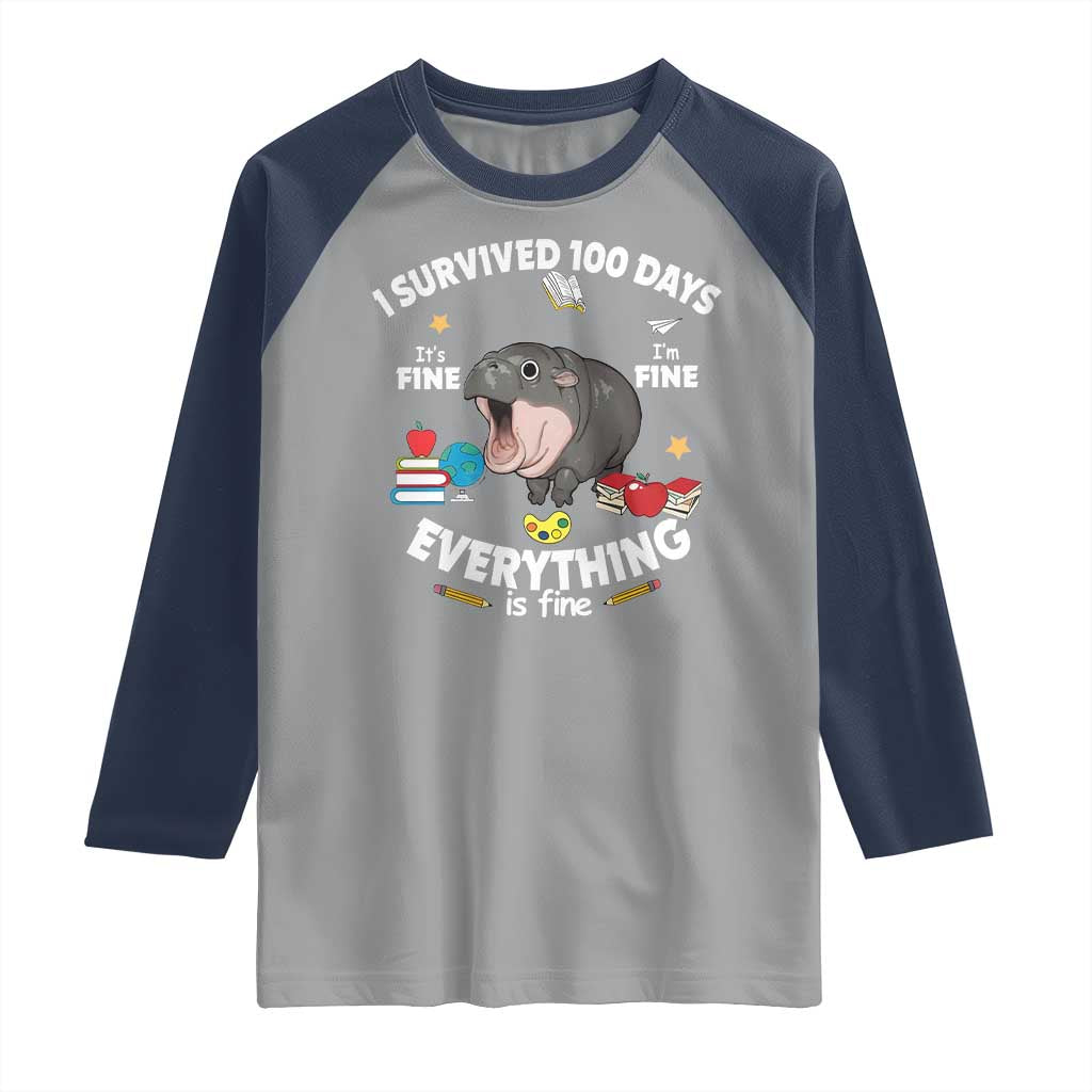 Funny Moo Deng 100th Day Of School Raglan Shirt I Survived 100 Days Everything Is Fine TS09 Sport Gray Navy Print Your Wear