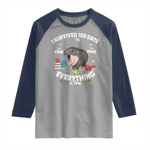 Funny Moo Deng 100th Day Of School Raglan Shirt I Survived 100 Days Everything Is Fine TS09 Sport Gray Navy Print Your Wear