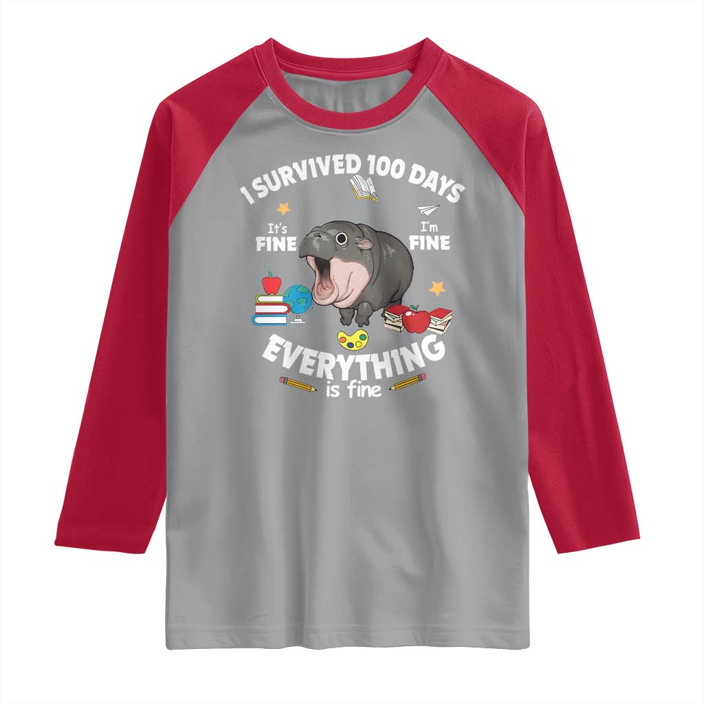 Funny Moo Deng 100th Day Of School Raglan Shirt I Survived 100 Days Everything Is Fine TS09 Sport Gray Red Print Your Wear