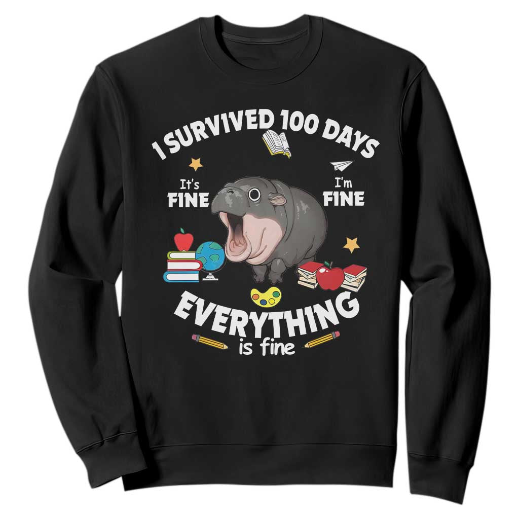 Funny Moo Deng 100th Day Of School Sweatshirt I Survived 100 Days Everything Is Fine TS09 Black Print Your Wear