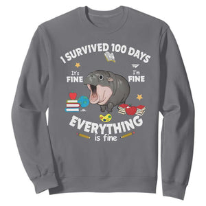 Funny Moo Deng 100th Day Of School Sweatshirt I Survived 100 Days Everything Is Fine TS09 Charcoal Print Your Wear