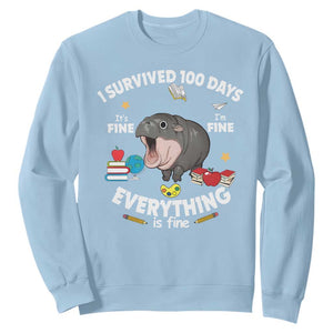 Funny Moo Deng 100th Day Of School Sweatshirt I Survived 100 Days Everything Is Fine TS09 Light Blue Print Your Wear