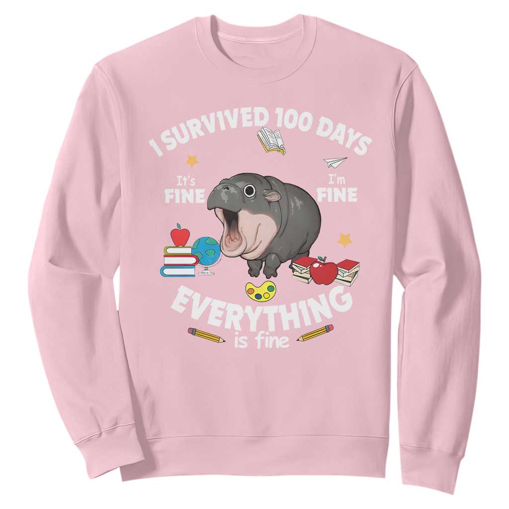 Funny Moo Deng 100th Day Of School Sweatshirt I Survived 100 Days Everything Is Fine TS09 Light Pink Print Your Wear