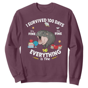 Funny Moo Deng 100th Day Of School Sweatshirt I Survived 100 Days Everything Is Fine TS09 Maroon Print Your Wear