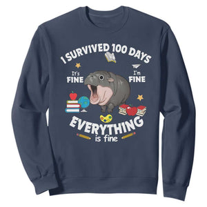 Funny Moo Deng 100th Day Of School Sweatshirt I Survived 100 Days Everything Is Fine TS09 Navy Print Your Wear