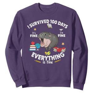 Funny Moo Deng 100th Day Of School Sweatshirt I Survived 100 Days Everything Is Fine TS09 Purple Print Your Wear