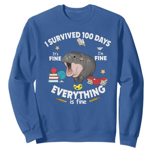 Funny Moo Deng 100th Day Of School Sweatshirt I Survived 100 Days Everything Is Fine TS09 Royal Blue Print Your Wear