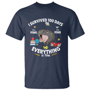 Funny Moo Deng 100th Day Of School T Shirt I Survived 100 Days Everything Is Fine TS09 Navy Print Your Wear