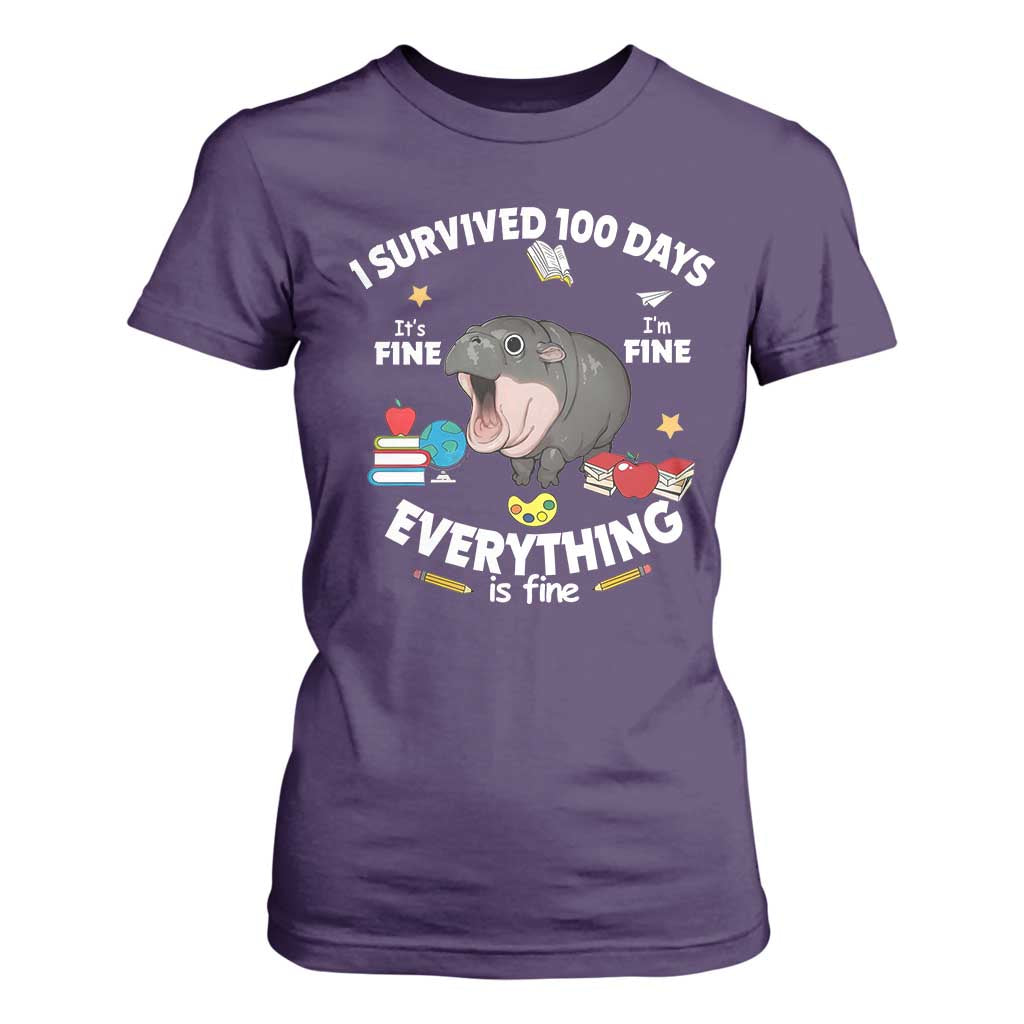 Funny Moo Deng 100th Day Of School T Shirt For Women I Survived 100 Days Everything Is Fine TS09 Purple Print Your Wear