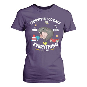 Funny Moo Deng 100th Day Of School T Shirt For Women I Survived 100 Days Everything Is Fine TS09 Purple Print Your Wear