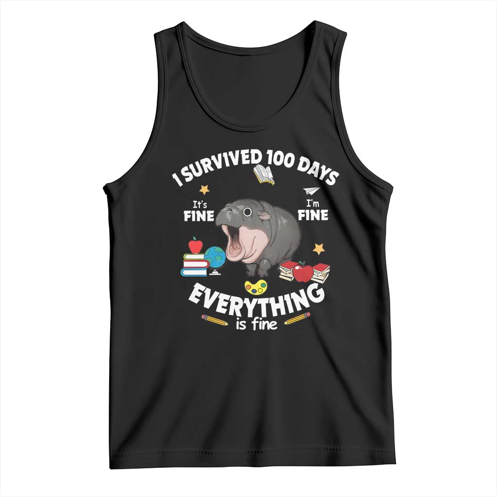 Funny Moo Deng 100th Day Of School Tank Top I Survived 100 Days Everything Is Fine TS09 Black Print Your Wear