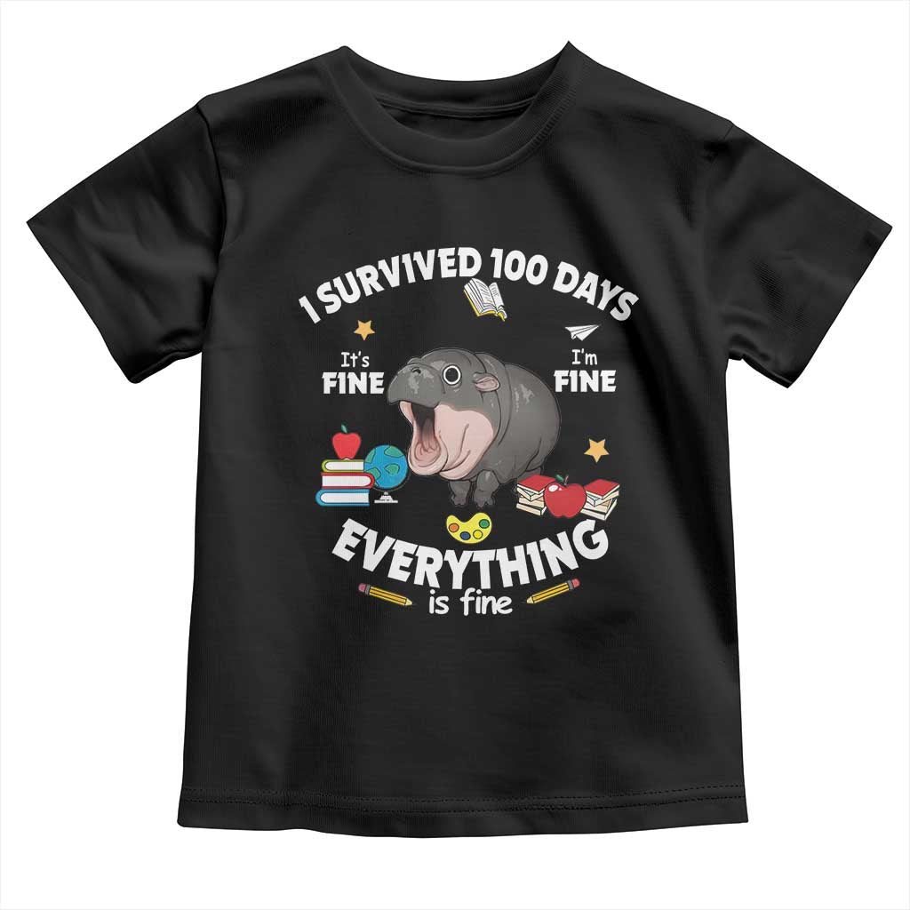 Funny Moo Deng 100th Day Of School Toddler T Shirt I Survived 100 Days Everything Is Fine TS09 Black Print Your Wear