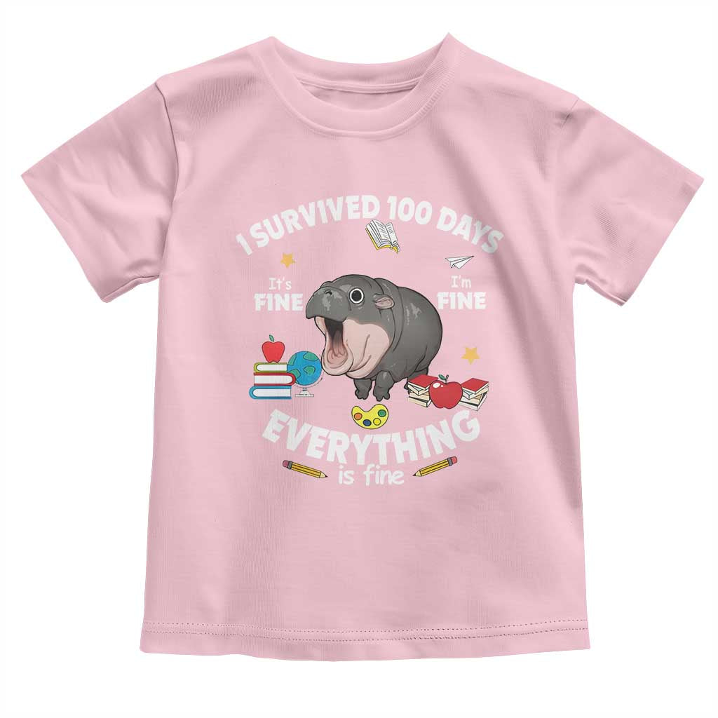 Funny Moo Deng 100th Day Of School Toddler T Shirt I Survived 100 Days Everything Is Fine TS09 Light Pink Print Your Wear