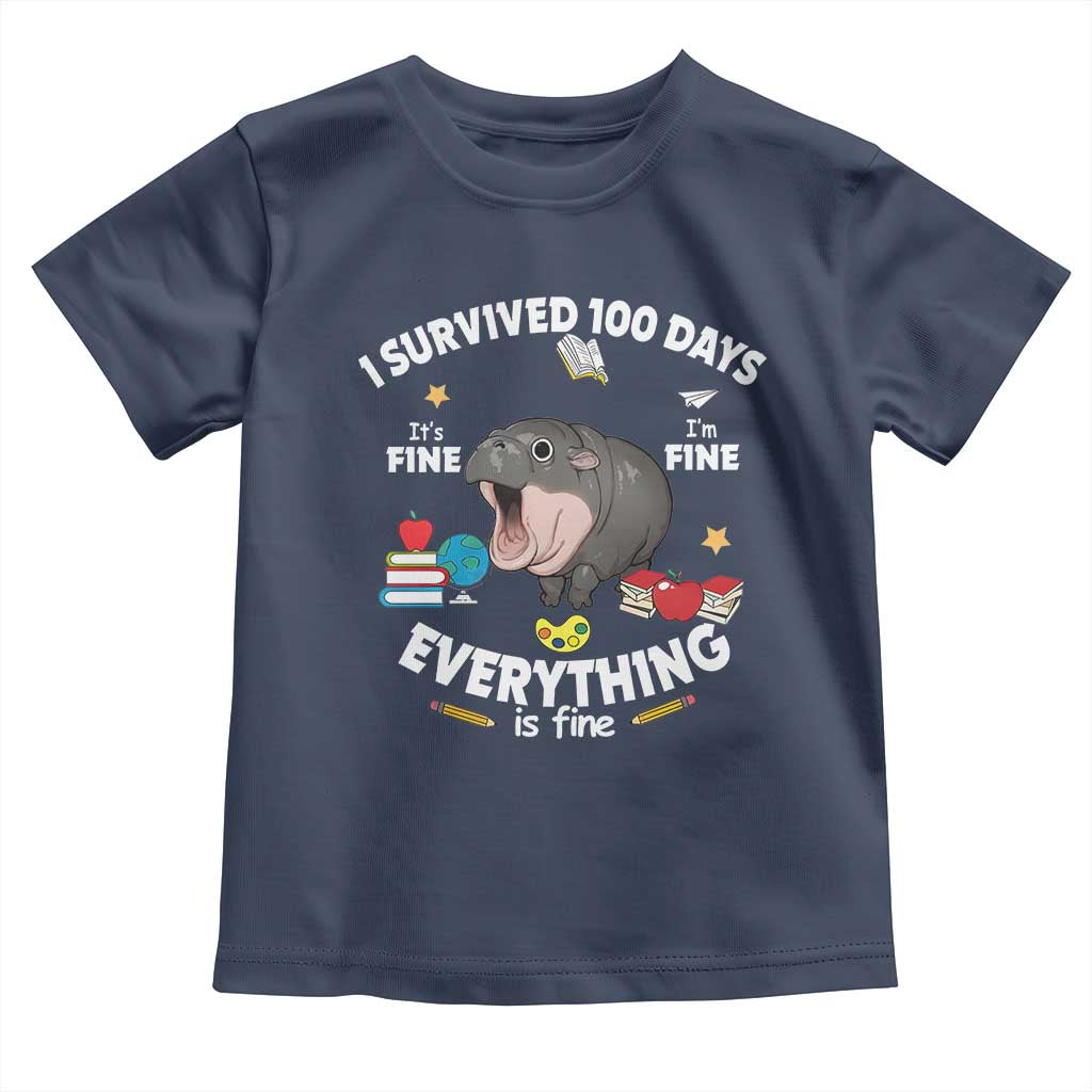 Funny Moo Deng 100th Day Of School Toddler T Shirt I Survived 100 Days Everything Is Fine TS09 Navy Print Your Wear