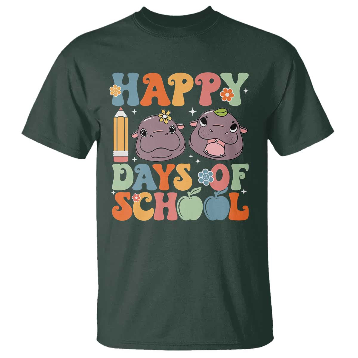 Happy 100 Days Of School Cute Moo Deng T Shirt TS09 Dark Forest Green Print Your Wear