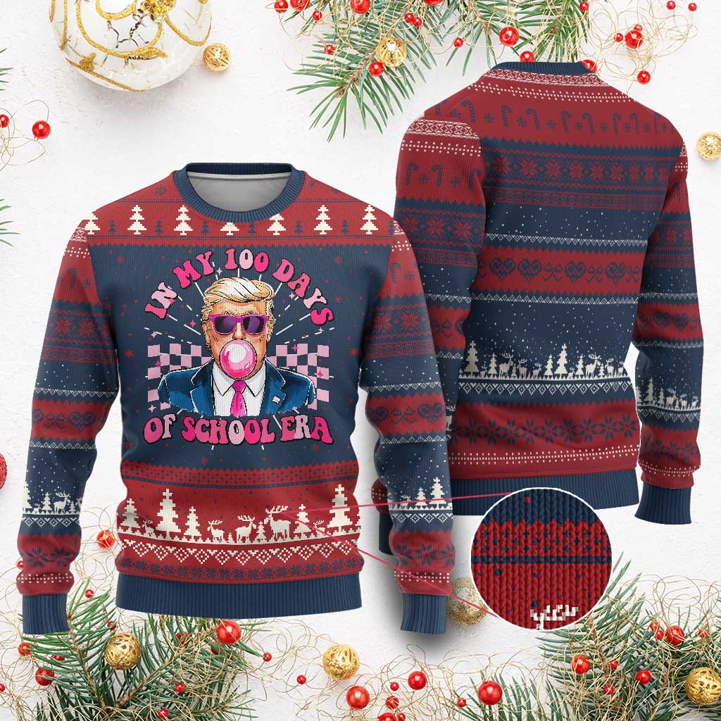 In My 100 Days Of School Era Trump Ugly Christmas Sweater Pink Trump Bubble Gum TS09 Burgundy Print Your Wear