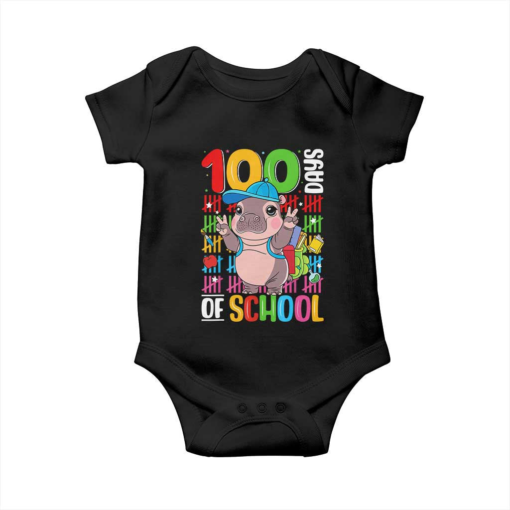 Funny 100th Day Of School Moo Deng Baby Onesie Cute Baby Hippo Colorful 100 Days TS09 Black Print Your Wear