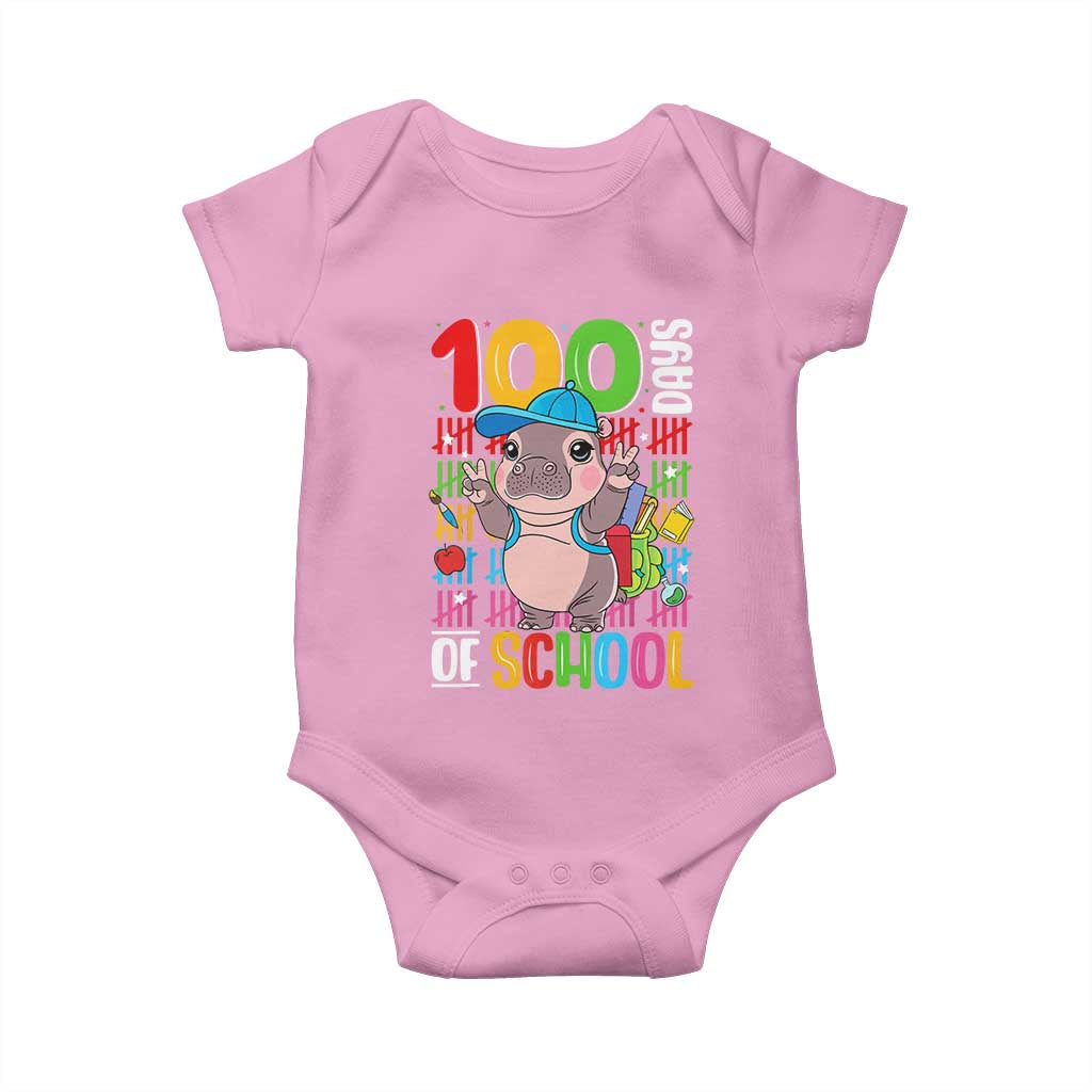 Funny 100th Day Of School Moo Deng Baby Onesie Cute Baby Hippo Colorful 100 Days TS09 Light Pink Print Your Wear