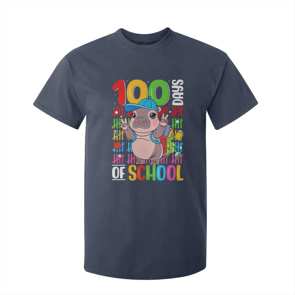 Funny 100th Day Of School Moo Deng T Shirt For Kid Cute Baby Hippo Colorful 100 Days TS09 Navy Print Your Wear