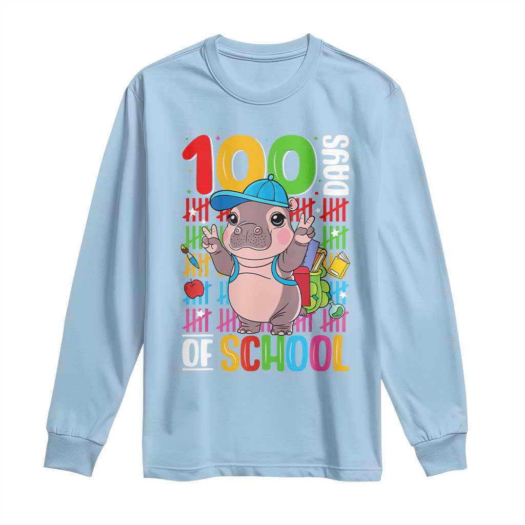 Funny 100th Day Of School Moo Deng Long Sleeve Shirt Cute Baby Hippo Colorful 100 Days TS09 Light Blue Print Your Wear