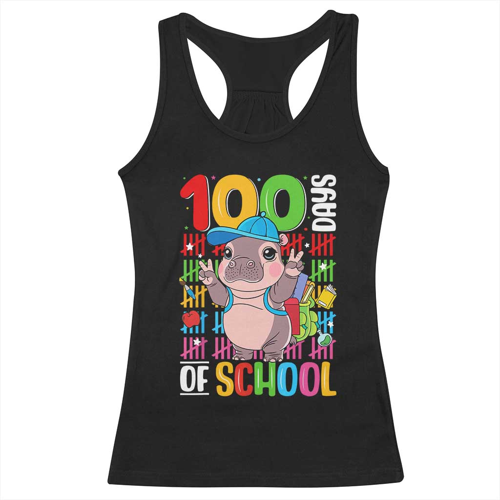 Funny 100th Day Of School Moo Deng Racerback Tank Top Cute Baby Hippo Colorful 100 Days TS09 Black Print Your Wear