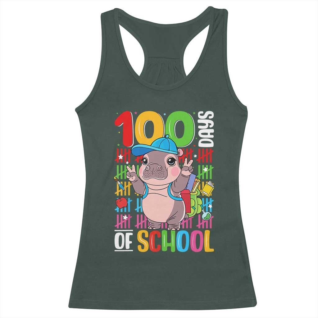 Funny 100th Day Of School Moo Deng Racerback Tank Top Cute Baby Hippo Colorful 100 Days TS09 Dark Forest Green Print Your Wear
