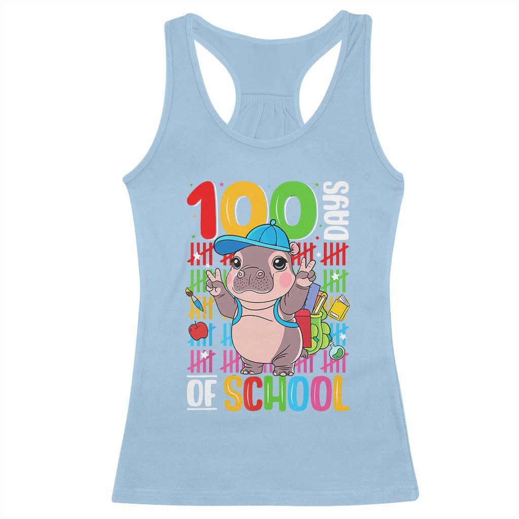 Funny 100th Day Of School Moo Deng Racerback Tank Top Cute Baby Hippo Colorful 100 Days TS09 Light Blue Print Your Wear