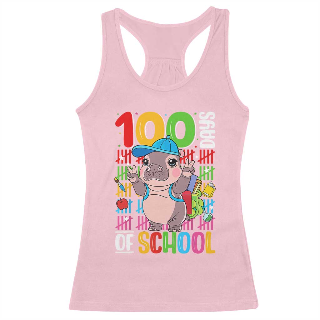 Funny 100th Day Of School Moo Deng Racerback Tank Top Cute Baby Hippo Colorful 100 Days TS09 Light Pink Print Your Wear