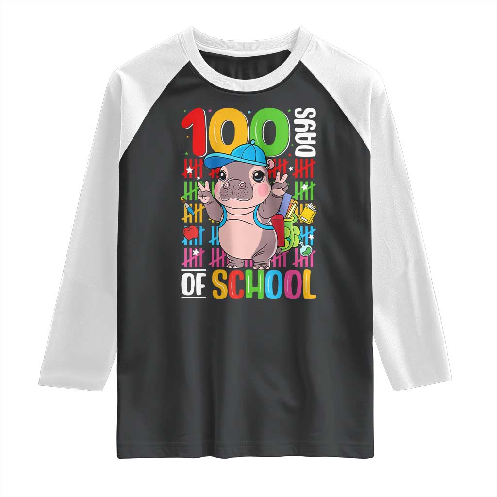 Funny 100th Day Of School Moo Deng Raglan Shirt Cute Baby Hippo Colorful 100 Days TS09 Black White Print Your Wear