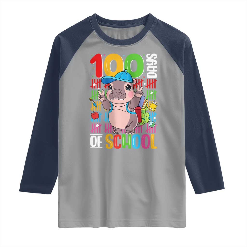 Funny 100th Day Of School Moo Deng Raglan Shirt Cute Baby Hippo Colorful 100 Days TS09 Sport Gray Navy Print Your Wear