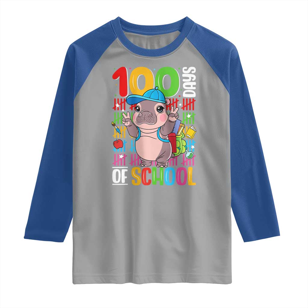 Funny 100th Day Of School Moo Deng Raglan Shirt Cute Baby Hippo Colorful 100 Days TS09 Sport Gray Royal Print Your Wear