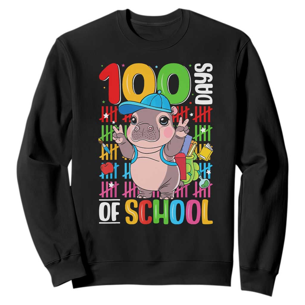 Funny 100th Day Of School Moo Deng Sweatshirt Cute Baby Hippo Colorful 100 Days TS09 Black Print Your Wear