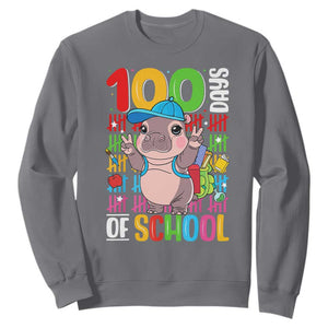 Funny 100th Day Of School Moo Deng Sweatshirt Cute Baby Hippo Colorful 100 Days TS09 Charcoal Print Your Wear