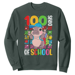 Funny 100th Day Of School Moo Deng Sweatshirt Cute Baby Hippo Colorful 100 Days TS09 Dark Forest Green Print Your Wear