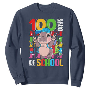 Funny 100th Day Of School Moo Deng Sweatshirt Cute Baby Hippo Colorful 100 Days TS09 Navy Print Your Wear