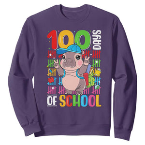 Funny 100th Day Of School Moo Deng Sweatshirt Cute Baby Hippo Colorful 100 Days TS09 Purple Print Your Wear